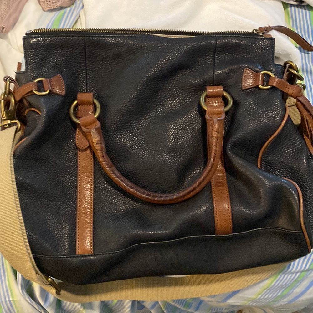 Margot leather navy and brown satchel w/ hand straps and cross body canvas strap